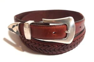 Onyx 1997 Brighton Mens Belt Size 34 Brown Silver-Tone Woven Detail Leather Wrap - Picture 1 of 10