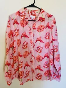 Camicia morbida Charter Club taglia L 100% lino rose floreale affascinante con bottoni - Foto 1 di 11