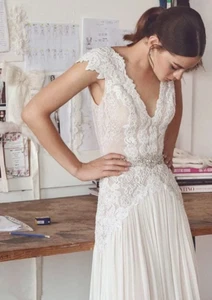 White Lace cap Sleeve, Open Back Pleated Skirt Wedding Dress SIZE 12 - Picture 1 of 8
