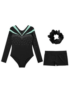 Kids Girls Leotard With Shorts Competition Bodysuit Long Sleeve Dance Outfit - Picture 1 of 57