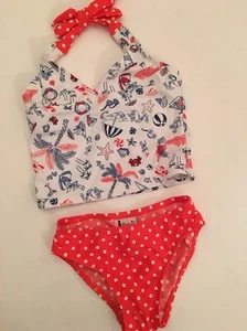 Floatimini Girls 2 piece Swimsuit Halter Tankini Size 4 5 6 Red White Polka Dot - Picture 1 of 2