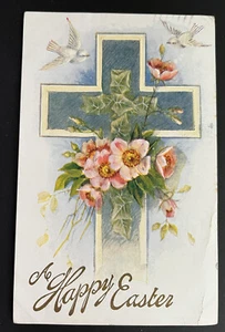  VINTAGE 1911 "EIN FROHES OSTERN" ~ KREUZ MIT EFEU BLUMEN & VÖGELN POSTKARTE  - Bild 1 von 2