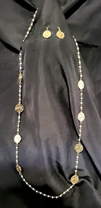 38" Faux Gold Coin Necklace & Dangling Earring Set - Picture 1 of 6