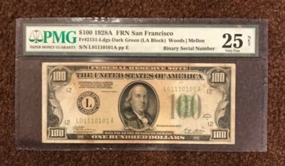 FR. 2151-L 1928A $100 FRN PMG 25 NET FANCY BINARY SERIAL NUMBER L 01110101 A - Image 1 of 2