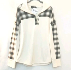 NEW Dufflied Lane Quincy Quarter Zip Cream & Black Plaid Cotton Unisex Size L - Picture 1 of 7