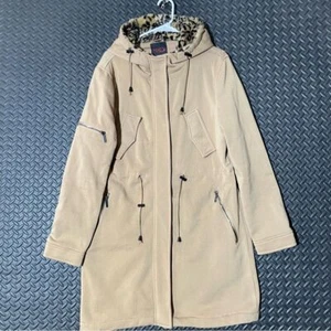 Vintage Yoki Brown Hooded Cheetah Print Fur Pea Coat Jacket Women's Size XL - Picture 1 of 9