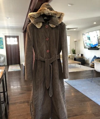 Vtg. Wm’s Dolce & Gabbana Brown Long Corduroy Coat W/ Removable Fur Hood Sz  S - Image 1 of 4
