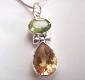Faceted Peridot and Citrine Teardrop Double Gem 925 Sterling Silver Necklace - Picture 1 of 2
