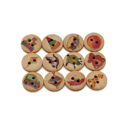 50pcs Toy Print Wood Buttons, for Sewing, Scrapbooking & DIY Decor 15mm - Image 1 of 4