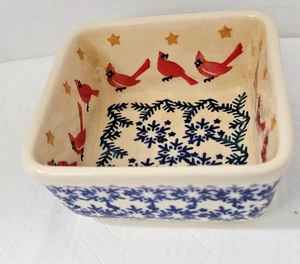 Boleseawiecka Polish Pottery 4" Square Bowl With Cardinals A. Kaszuba - Picture 1 of 4