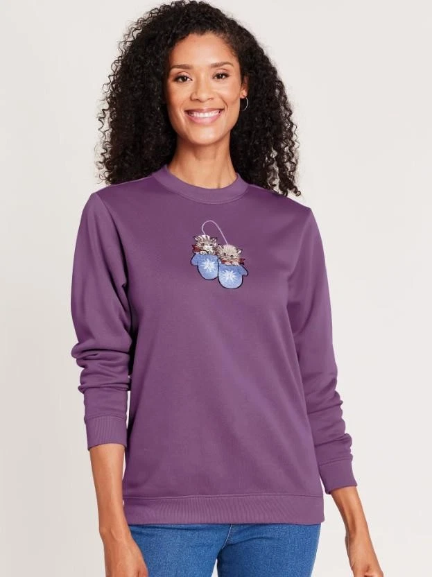 NEW Purple Plus Sz 2XL Embroidered Kitty Cat Theme Lightweight Sweatshirt BLAIR - Image 1 of 1