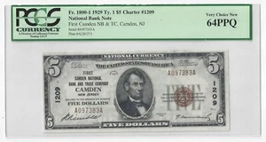 1929 Ty.1 First Camden NB & Trust Co., New Jersey $5 NBN PCGS 64PPQ (57424) - Picture 1 of 2