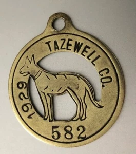 Vint 1929 DOG LICENSE Figural Brass Tag: TAZEWELL COUNTY IL; Full Dog Profile - Picture 1 of 1