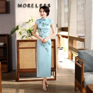 Women Summer Silk Qipao Dress Chinese Traditional Long Cheongsam Runway Gown - Picture 1 of 6