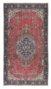 5.6x10.2 Ft Vintage Handmade Turkish Wool Area Rug in Red, Beige & Dark Blue - Picture 1 of 5