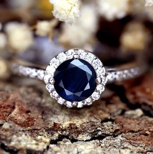 Certified Natural Blue Sapphire 6mm Round Natural Diamond 18K Gold Ring 1.47TCW - Picture 1 of 4