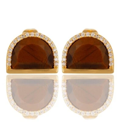 Nuevo Moda Para Mujer Regalo Ojo de Tigre con Circonita cúbica Aretes Forma D En Oro Amarillo Foto 1 de 4