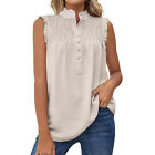 (M-Apricot) Summer Button Neckline Tank Top With Front Pleated Trim Women