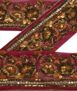 Sanskriti Vintage Saree Border Hand Beaded 1Yd Trims Floral Lace 3.5W Purple - Picture 1 of 6