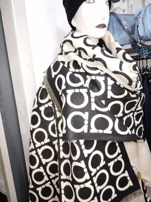 Sciarpa Sciarpone Nero Beige  Cashmere Lana Viscosa Caldo  Donna Double Face  - Immagine 1 di 4