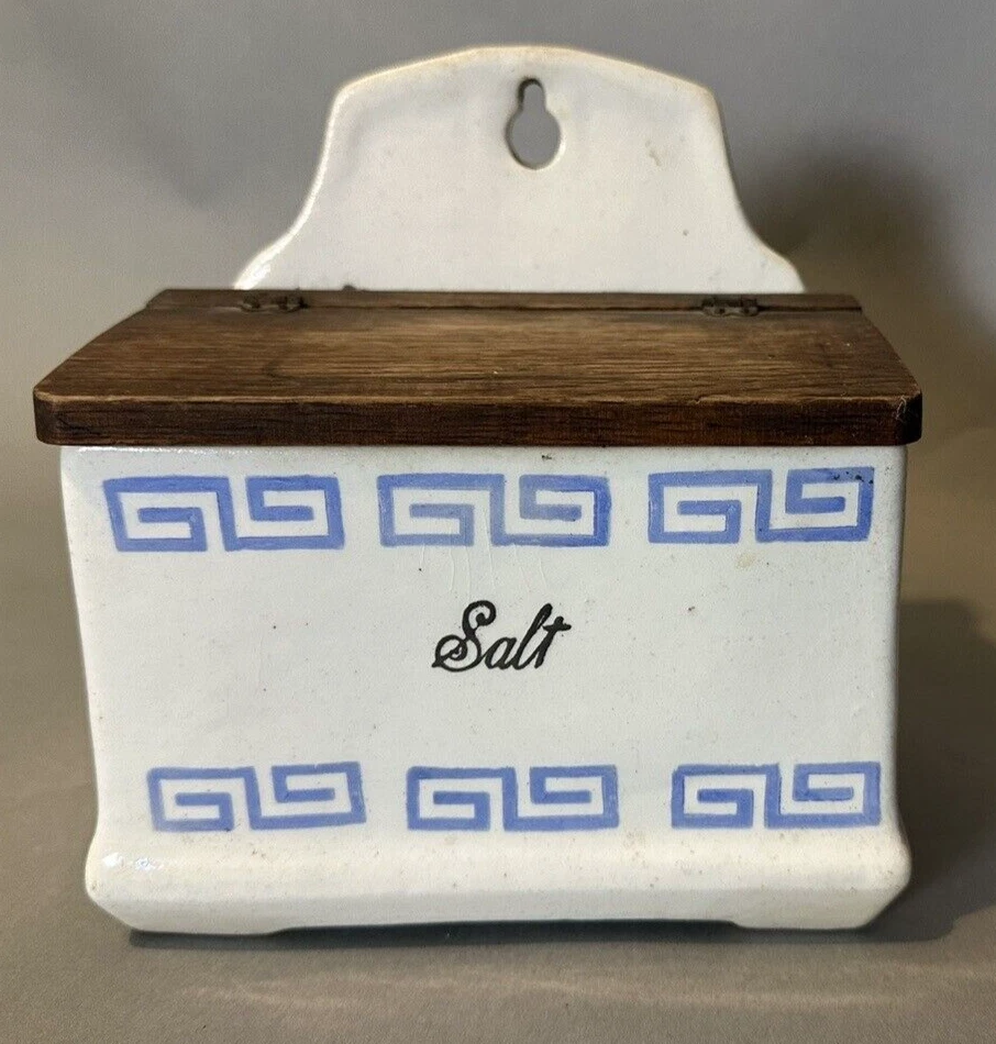 Примитивный антикварный деревенский кухонный фарфоровый настенный контейнер для соли - Изображение 1 из 4