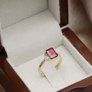 Ruby 14K Solid Yellow Gold ring with a pair of trillion cut moissanites Jewelry - Picture 1 of 5