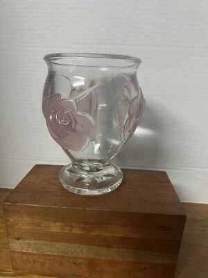 Vintage French Art Crystal Glass Vase with Pink Frosted Roses Teleflora 6" tall - Image 1 of 4