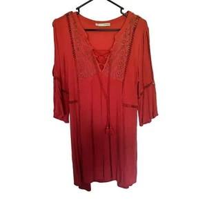 Maurices Dress Crochet and Lace Front Crinkle Babydoll Vneck Slit Sleeves Womans - Picture 1 of 5