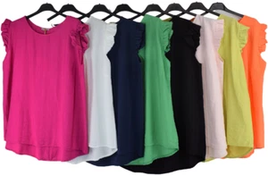 Ladies Summer Italian Vest top with back Button Detailing Ruffle Cap Sleeves. - Picture 1 of 14
