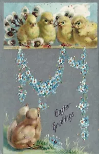 Cartolina Easter Tuck serie 101 cartolina d'epoca pulcini non dimenticarmi vite - Foto 1 di 2