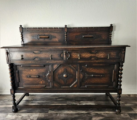 Antique English Server Sideboard Buffet Jacobean Oak Barley Twist 19th C Cover