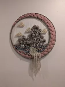 Round Hoop Tree Fiber Art Fiber Textile Macrame Hand Woven Yarn Pink Girls Room - Picture 1 of 4