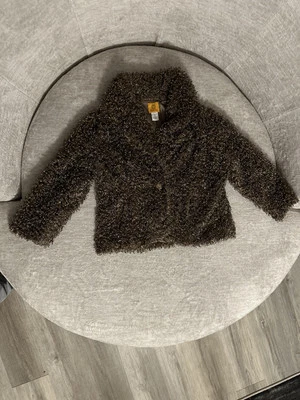 Ruby Rd Faux Fur Furry Cropped One Button Shawl Collar Jacket Coat Brown Sz 10 - Image 1 of 4
