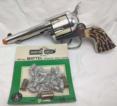 Pistola Mattel Shootin' Shell Cap 1958 con balas y puntas de plástico en tarjeta ¡Bonita! Foto 1 de 4