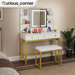 White Vanity Makeup Desk Set Hidden Mirror Storage 6 Shelves 3 Drawers & Outlets - Picture 1 of 11