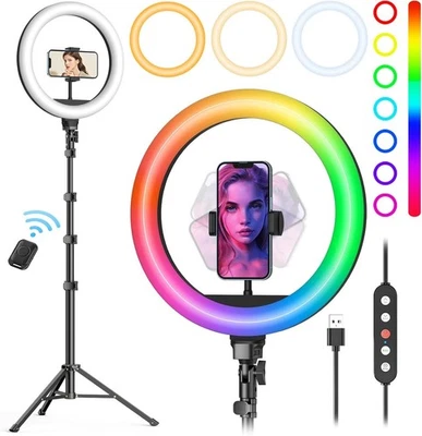 Luz de anillo para selfies RGB de 10" con soporte para trípode y soporte para teléfono, luz de anillo LED Foto 1 de 4