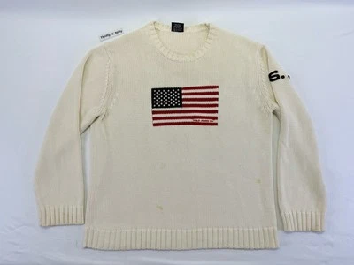 Suéter masculino vintage Polo Jeans Company Ralph Lauren XXL creme bandeira americana EUA - Imagem 1 de 4