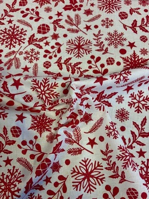2 Metres White Christmas Botanical Printed 100% Cotton Fabric. 60" Wide