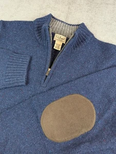 LL Bean Sweater Men XL Navy Blue Shetland Wool 1/4 Zip Pullover Cord Elbow Patch - Picture 1 of 6