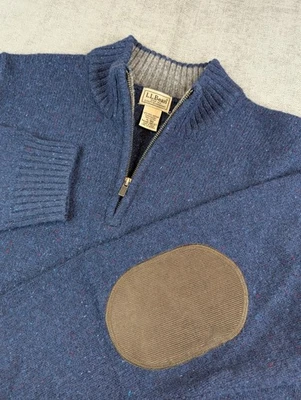 LL Bean Sweater Men XL Navy Blue Shetland Wool 1/4 Zip Pullover Cord Elbow Patch - Image 1 of 4