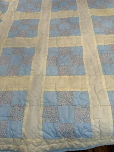Vintage Handmade Baby Or Lap Quilt 36” X 35” Yellow & Blue W/ Blue Backing. Cute - Picture 1 of 13