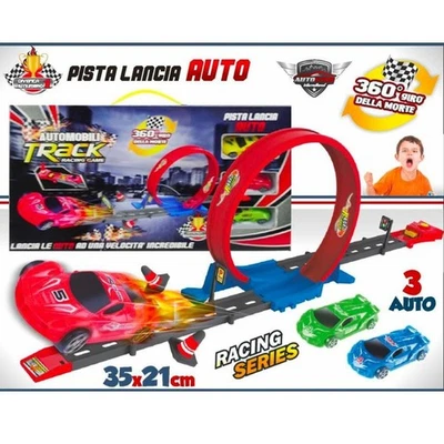 PISTA LANCIA AUTO MONTAGNE RUSSE 3 MACCHININE GIOCATTOLO PER BAMBINI 35X21 CM - Immagine 1 di 2
