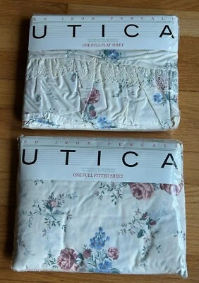 Vtg UTICA Full Flat-Fitted Sheet Set Pink-Blue Floral Cottage Retro 50% Cotton - Image 1 of 4