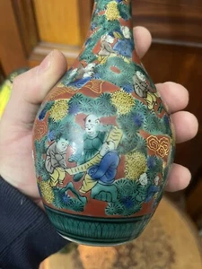 Japanese Antique Kutani Aoki vase Mokubei Long Slender Neck - Picture 1 of 8