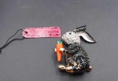 New Betsey Johnson Rhinestone Black & White Rabbit Carrot Pin Brooch With Tag - Image 1 of 3