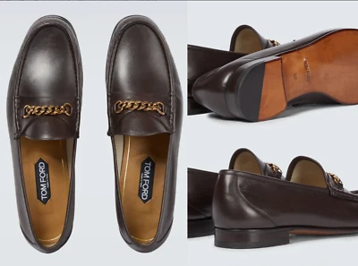 Mocassins sapatos Tom Ford couro de bezerro York corrente ouro aparado sapato 40 - Imagem 1 de 4