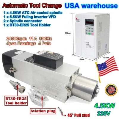 RATTM MOTOR 【USA】 4.5KW BT30 Automatic Tool Changer ATC Air Cooled Spindle w/ 5.5KW VFD 220V