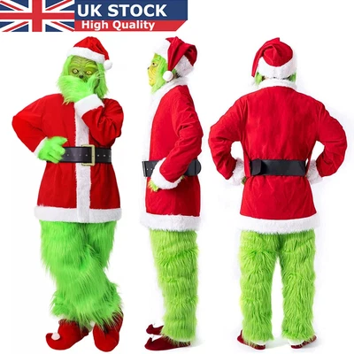 The Grinch Costume Mask Cosplay Adult Christmas Santa Suit Fancy Dress Outfit UK