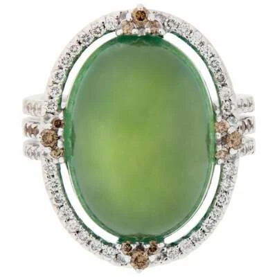 Fantástico anillo de moda corte cabujón prehnita verde profundo con circonita cúbica marrón y blanca Foto 1 de 4