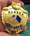 AK Pin Gold Tone Alaska State Trooper Large Souvenir Pinback US & AK flags #49